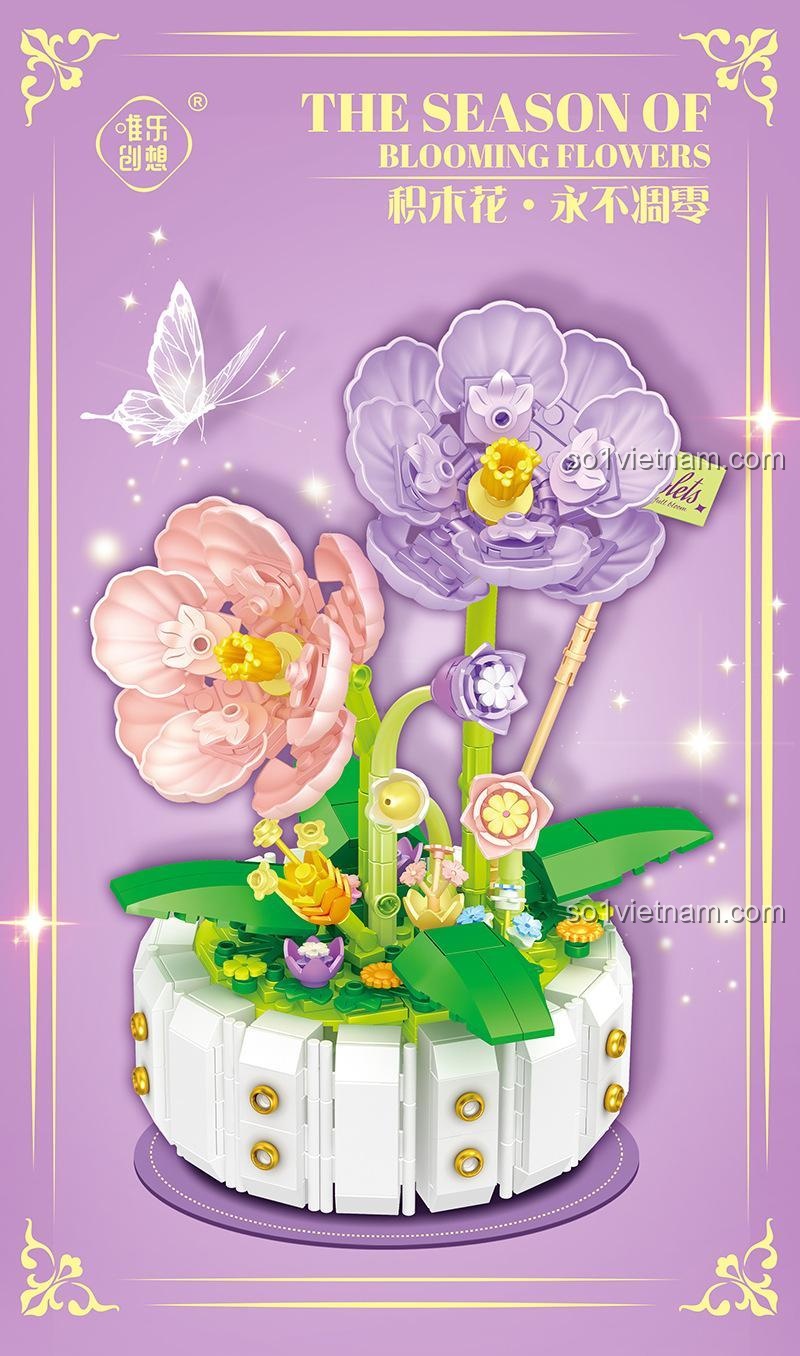 Chậu Lan Tím 468 mảnh, đồ chơi lắp ghép hoa lan tím, bộ đồ chơi hoa lan tím, đồ chơi trang trí nhà cửa, đồ chơi sáng tạo cho bé gái 6 tuổi, bộ lắp ráp hoa lan tím 唯乐创想 2140