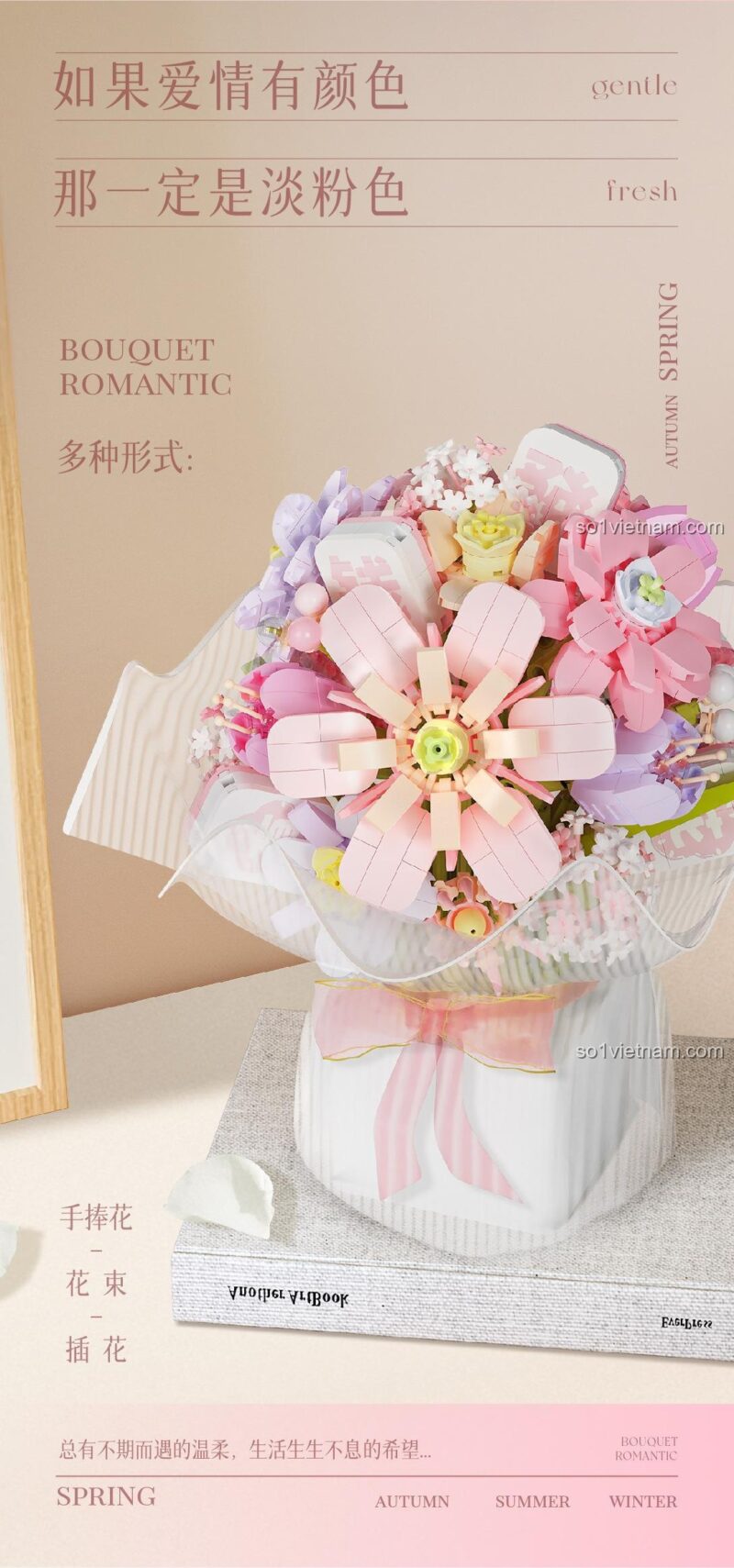 Chi tiết bó hoa lắp ghép 唯乐创想 2153 với chú chim ong, Mô hình hoa, Quà tặng lãng mạn, Bộ lắp ghép hoa, 1146 mảnh, Đồ chơi sáng tạo cho bé gái 6 tuổi