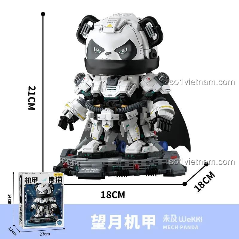 Ảnh thể hiện kích thước chi tiết của đồ chơi mô hình Mecha Panda Wekki 506506, cao 21cm, rộng 18cm, phù hợp cho bé trai.