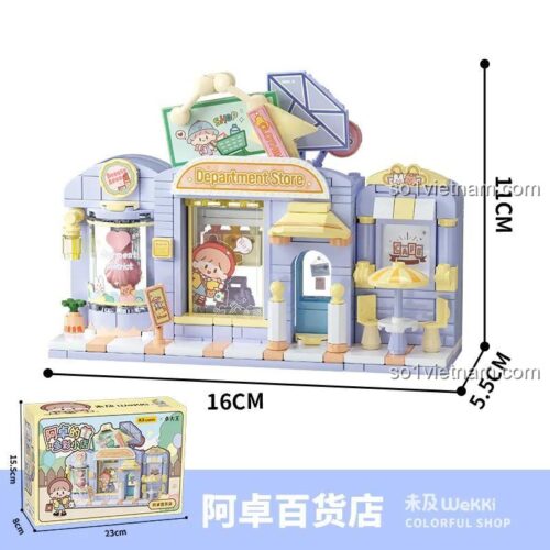 Kích thước mô hình và hộp đựng Bộ Lắp Ghép Cửa Hàng Bách Hóa Đa Sắc Màu Của A Zhuo 未及Wekki 516504, đồ chơi mô hình cho bé gái 8 tuổi, cửa hàng lung linh, giá tốt
