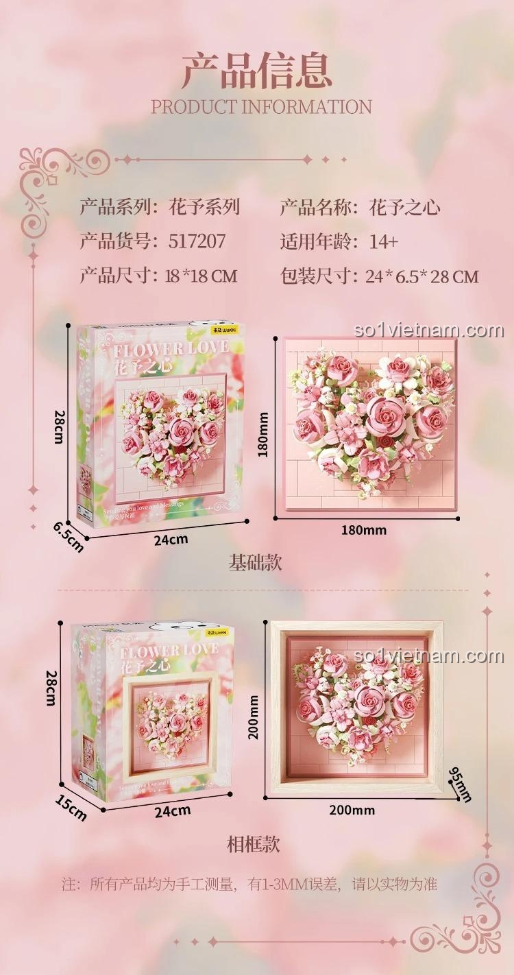 Các cách trưng bày khung ảnh Wekki 517210 Hoa Yêu Thương, bao gồm chân đế và móc treo tường, phù hợp trang trí phòng