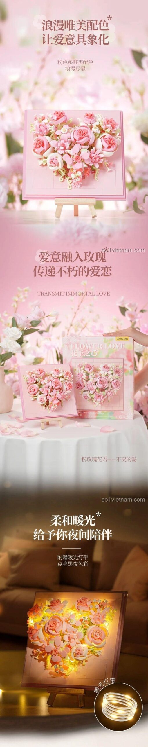 Chi tiết lắp ráp bộ xếp hình Wekki 517210 Hoa Yêu Thương, mini block màu hồng và đỏ, thể hiện sự tỉ mỉ và tinh tế