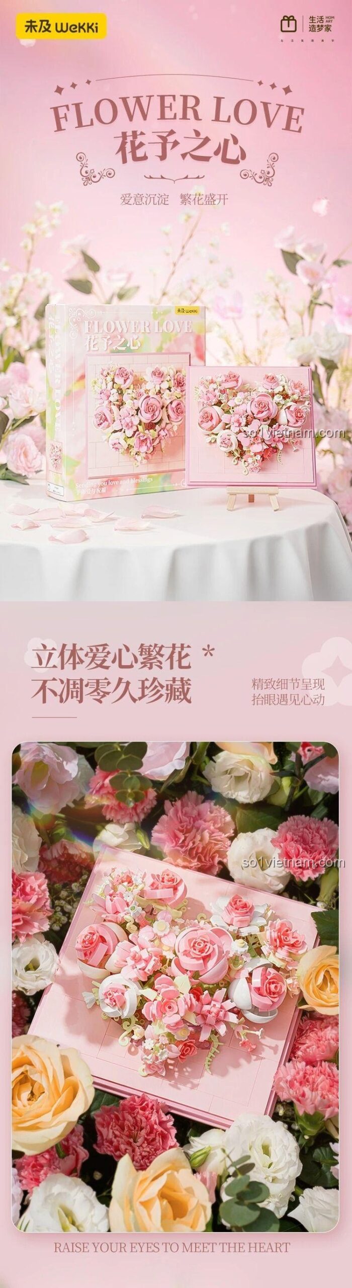 Hộp sản phẩm Wekki 517210 Hoa Yêu Thương, bộ lắp ghép mini block hình trái tim hoa hồng, màu hồng và đỏ, kích thước hộp 24x6.5x28cm