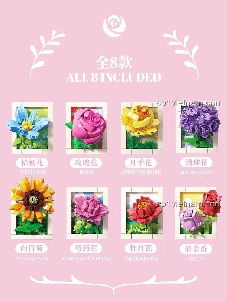 Bộ sưu tập 8 mẫu hoa của đồ chơi mô hình Hoa hướng dương mini Wekki 517213, món quà bất ngờ cho bé.