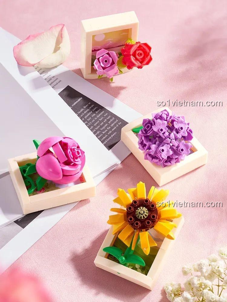 Các mẫu hoa trang trí trong bộ xếp hình Hoa hồng lắp ráp Wekki 517213.