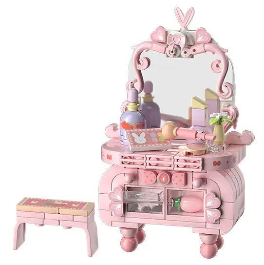 Wekki 519001 Bàn trang điểm công chúa mơ mộng màu hồng xinh xắn cho bé gái 6 tuổi, đồ chơi lắp ghép phát triển trí tuệ, có gương soi và ghế đi kèm, giá tốt