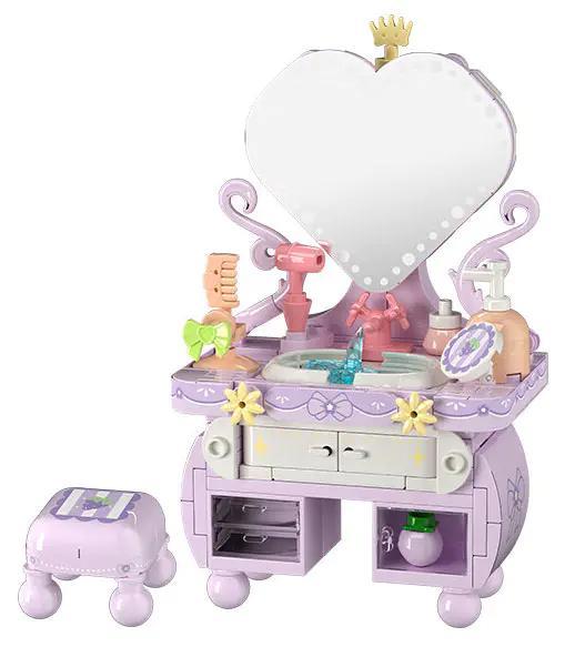 Wekki 519003 Bộ đồ chơi Bàn trang điểm công chúa nhỏ màu tím cho bé gái, gương hình trái tim, có ghế đôn, 6+ tuổi, lắp ghép mini block