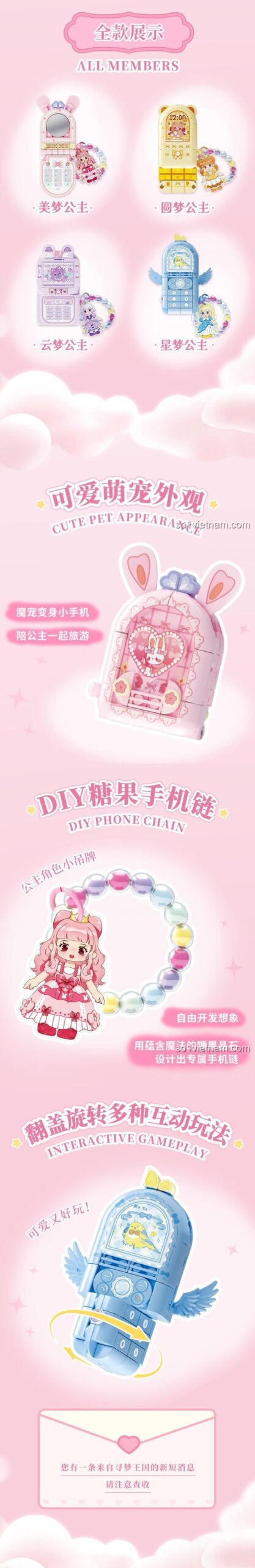Điện thoại đồ chơi công chúa 519012 Wekki, tổng quan các tính năng: ngoại hình thú cưng dễ thương, dây đeo điện thoại kẹo DIY, trò chơi tương tác, phù hợp bé gái 6 tuổi, giá trị cao