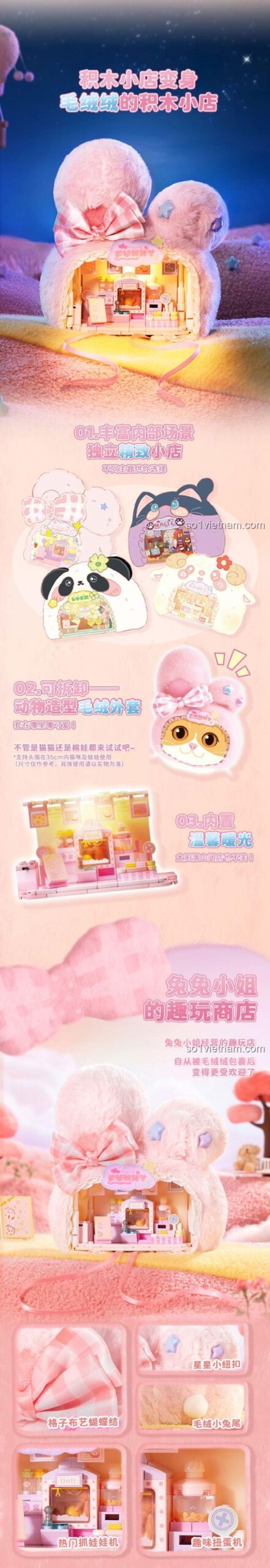 Mô hình cửa hàng thú cưng Miss Bunny Wekki 519101 có đèn LED, chi tiết tinh xảo, đồ chơi lắp ráp cho bé gái.