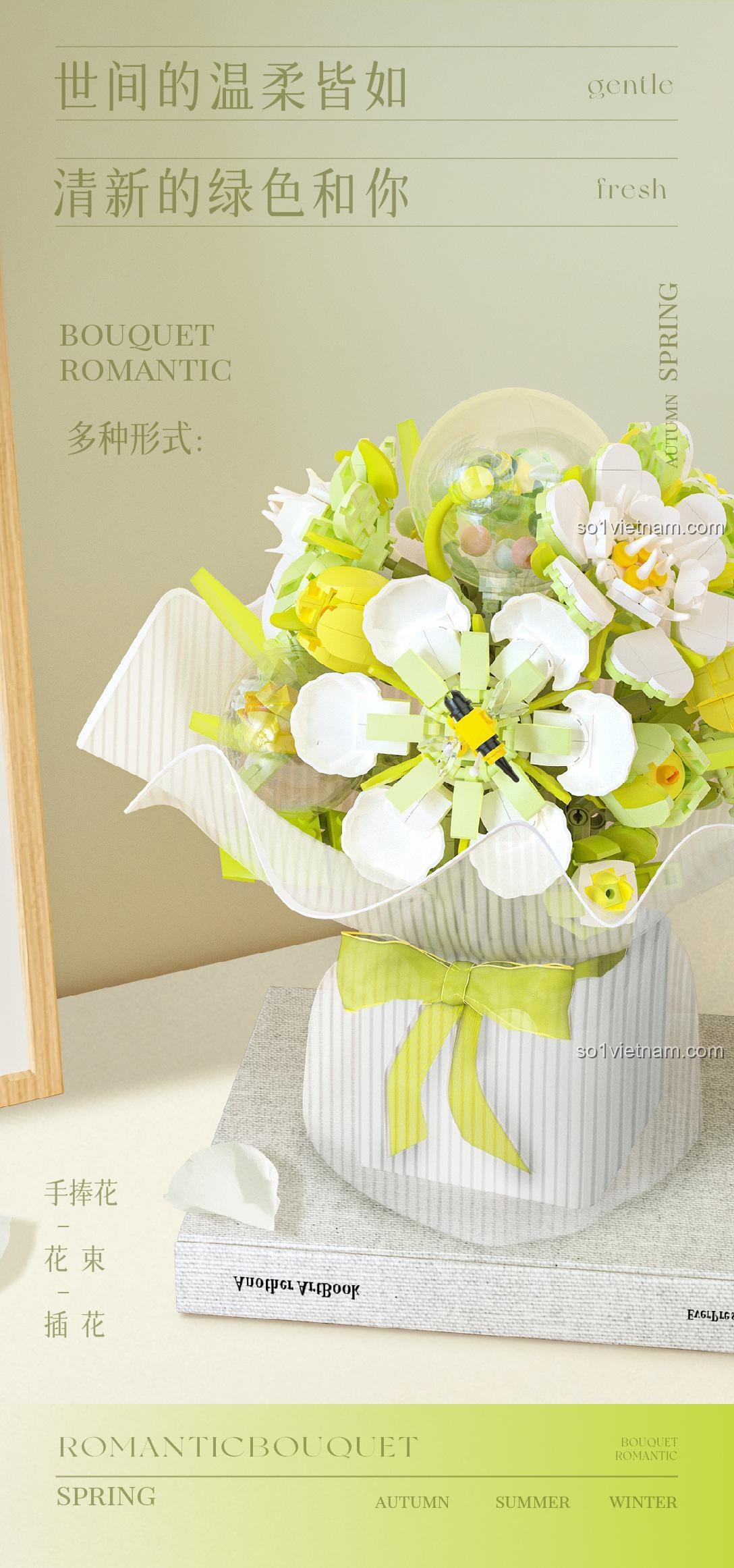 Giỏ hoa nở có bướm trang trí trong bộ lắp ghép 唯乐创想 2152 Bó Hoa Hồng Mơ Mộng 1228 chi tiết, màu hồng, tím, vàng, trắng, phù hợp cho bé gái 6 tuổi, quà tặng sinh nhật, trang trí phòng