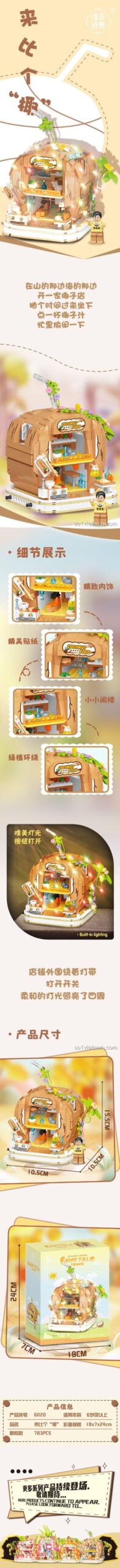 Chi tiết bộ lắp ghép Ngôi nhà Dừa Tiên 6020 唯乐创想, có đèn LED, 783 mảnh, cho bé gái 6 tuổi