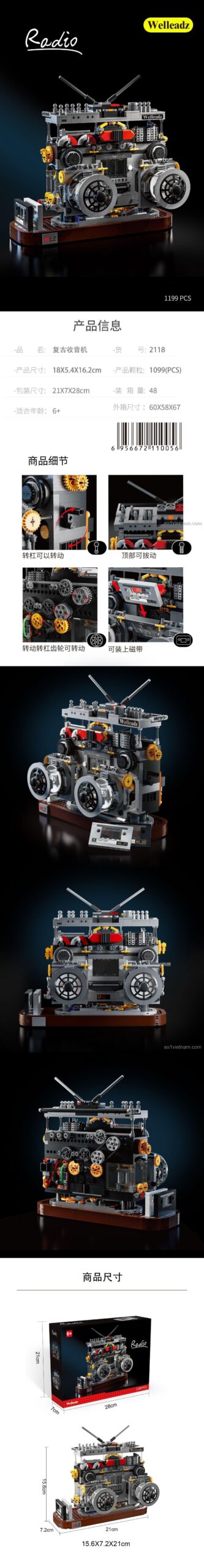 Kích thước mô hình Radio Cổ Điển Welleadz 2118