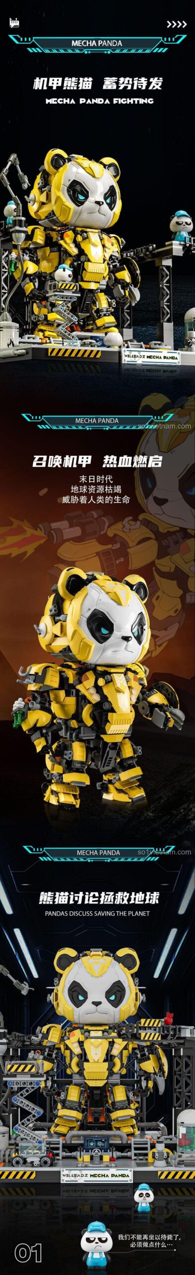 Mô hình Gấu Trúc Mecha Welleadz 6105 với tư thế chiến đấu, đồ chơi xây dựng Robot Gấu Trúc cho bé trai, giá trị cao.