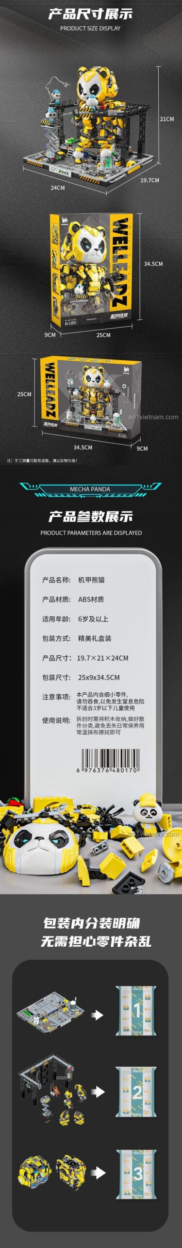 Trạm bảo trì cho Gấu Trúc Mecha Welleadz 6105, bộ lắp ghép Robot Chiến Đấu Gấu Trúc, tính năng đặc biệt, hiển thị kích thước và phân loại chi tiết.