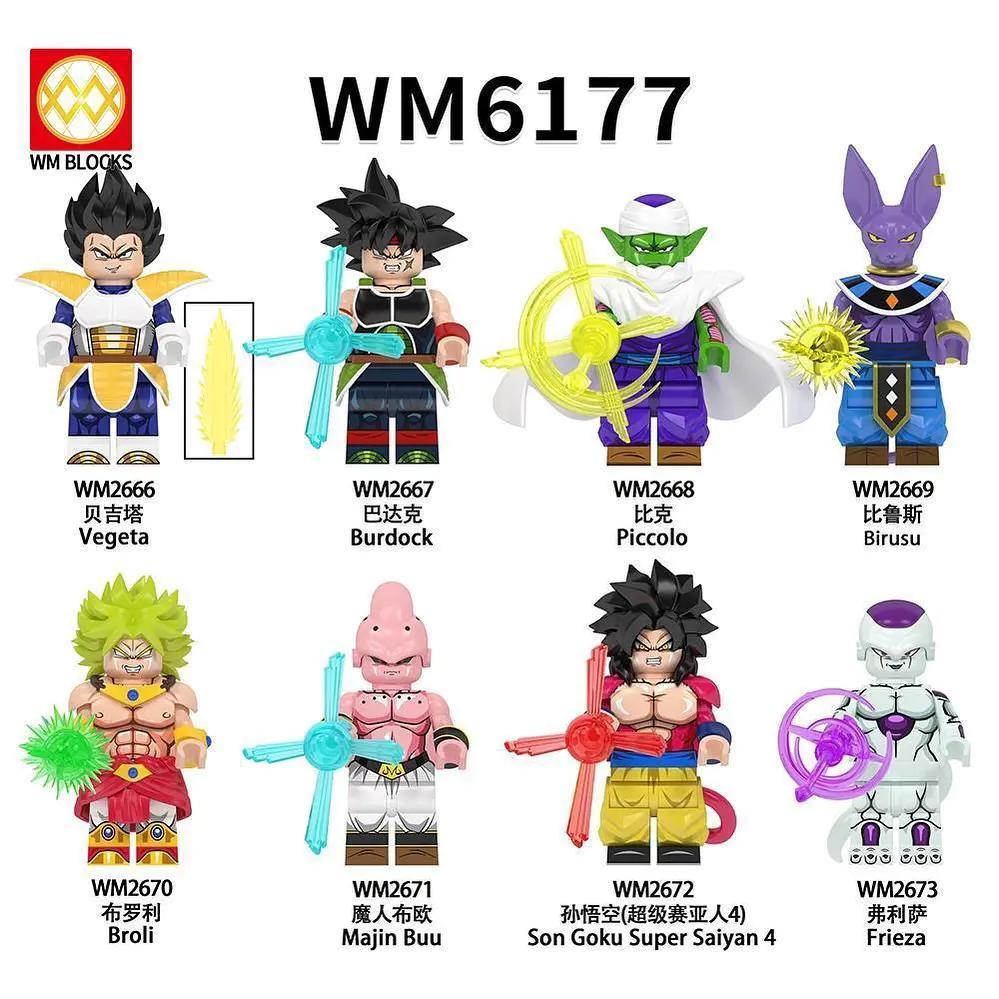 Bộ 8 Minifigures Dragon Ball WM6177 - Nhân vật Vegeta, Burdock, Piccolo, Birusu, Broly, Majin Buu, Son Goku Super Saiyan 4, Frieza - Đồ chơi lắp ghép cho bé trai 6 tuổi
