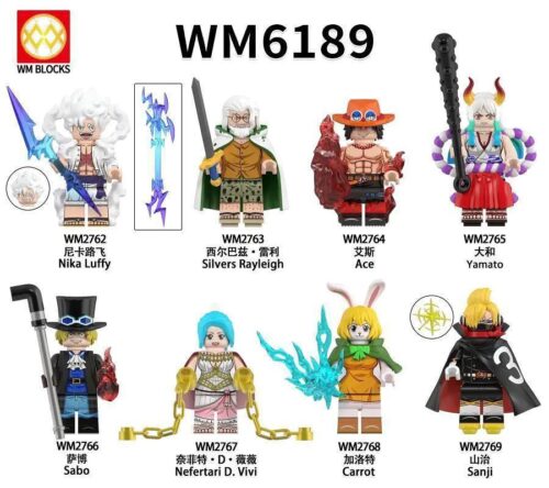 Bộ đồ chơi WM Blocks WM6189 Minifigures One Piece 8 nhân vật, chất lượng cao, giá tốt cho bé trai 8 tuổi, tái hiện các nhân vật huyền thoại Luffy, Yamato, Ace, Sabo, Vivi, Carrot, Silvers Rayleigh, Sanji với chi tiết sắc nét.