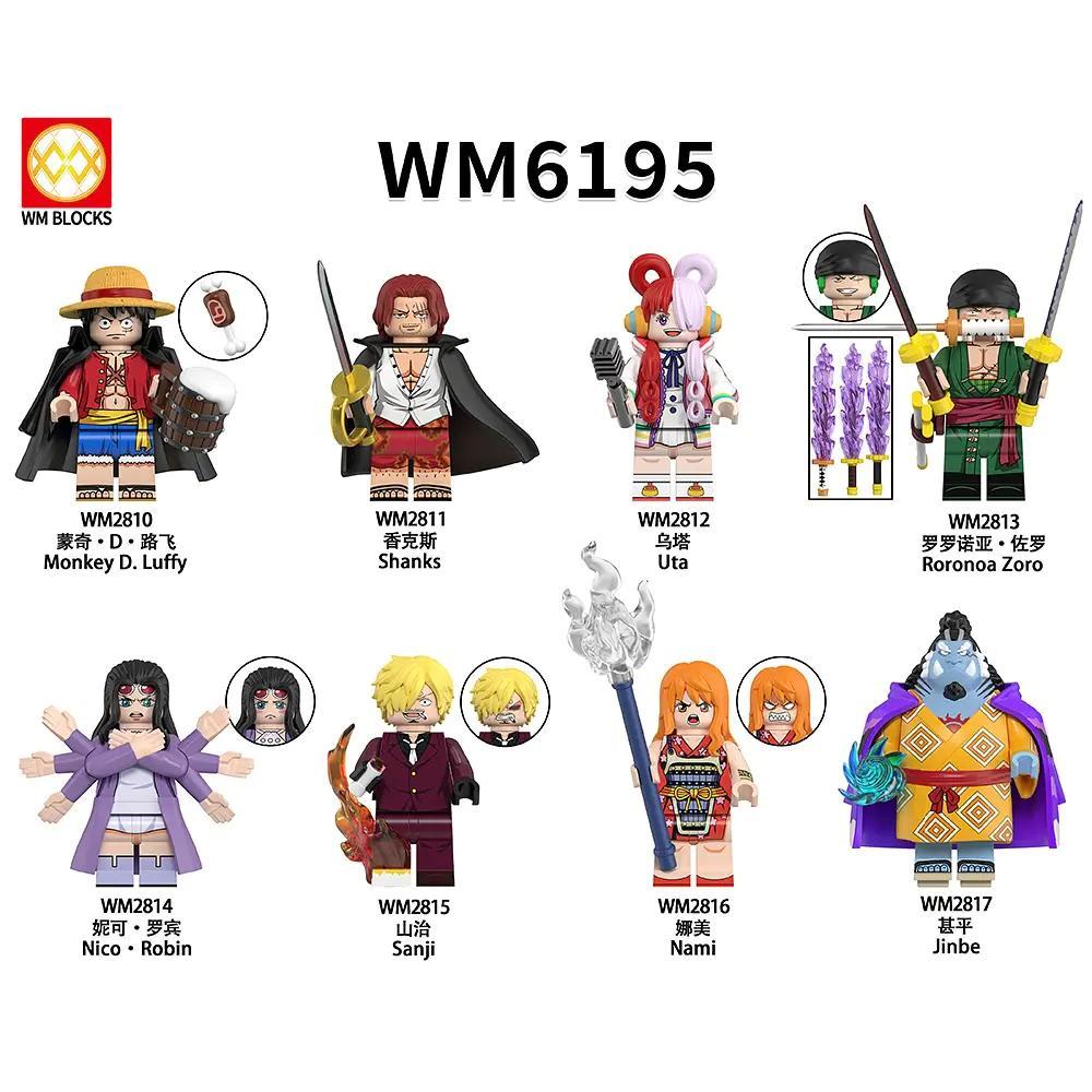 Bộ 8 minifigure One Piece WM Blocks WM6195 bao gồm Monkey D. Luffy, Shanks, Uta, Roronoa Zoro, Nico Robin, Sanji, Nami, Jinbe, đồ chơi lắp ghép cho bé trai và bé gái 6 tuổi, giá tốt