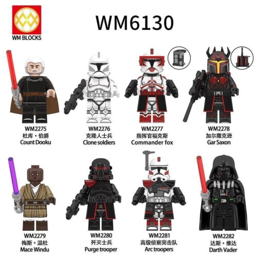 Bộ 8 Minifigures Star Wars WM6130, bao gồm Darth Vader, Count Dooku, Clone soldiers, Commander fox, Gar Saxon, Mace Windu, Purge trooper, Arc troopers. Đồ chơi lắp ghép cho bé 6 tuổi.