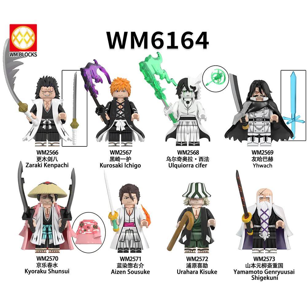 Bộ 9 minifigure nhân vật Bleach WM6164, bao gồm Ichigo Kurosaki, Zaraki Kenpachi, Ulquiorra Cifer, Yhwach, Kyoraku Shunsui, Aizen Sousuke, Urahara Kisuke, Yamamoto Genryuusai Shigekuni, đồ chơi lắp ghép cho bé trai 6 tuổi