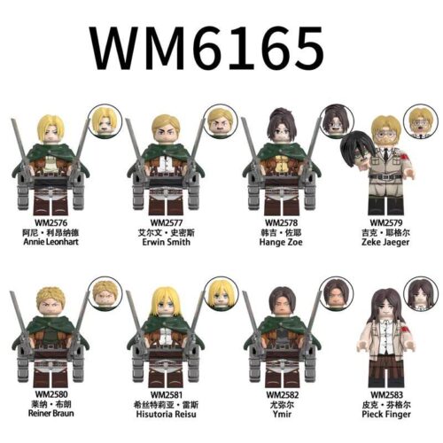 Bộ đồ chơi Attack on Titan WM6165 gồm 8 nhân vật: Annie Leonhart, Erwin Smith, Hange Zoe, Zeke Jaeger, Reiner Braun, Hisutoria Reisu, Ymir, Pieck Finger