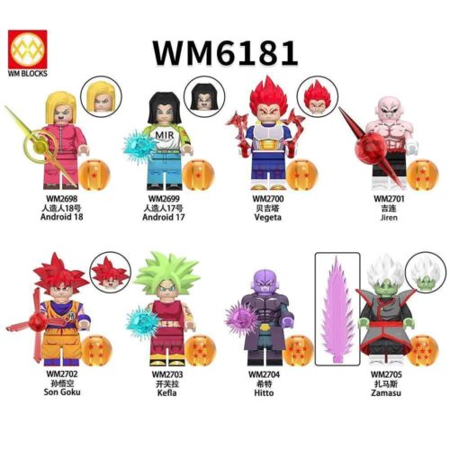 Figure WM6181 Dragon Ball Super 8 nhân vật, bao gồm Son Goku, Vegeta, Android 18, Android 17, Jiren, Kefla, Hitto, Zamasu. Bộ đồ chơi lắp ghép cho bé trai 6 tuổi.