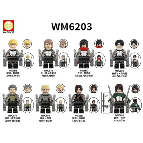 Bộ 8 minifigure Attack on Titan WM6203, bao gồm Levi Ackerman, Mikasa Ackerman, Armin Arlert, Jean Kirstein, Reiner Braun, Sasha Braus, Hange Zoe, Conny Springer. Đồ chơi nhân vật cho thanh niên 14 tuổi.