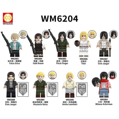 Figure Attack on Titan WM6204, bộ đồ chơi Attack on Titan, đồ chơi mô hình Attack on Titan, minifigure Attack on Titan, Eren Jaeger, Mikasa Ackerman, Armin Arlert, Historia Reiss, Annie Leonhart, Ymir, Gabi Braun, Falco Grice, Pieck Finger, 8 nhân vật Attack on Titan, giá tốt