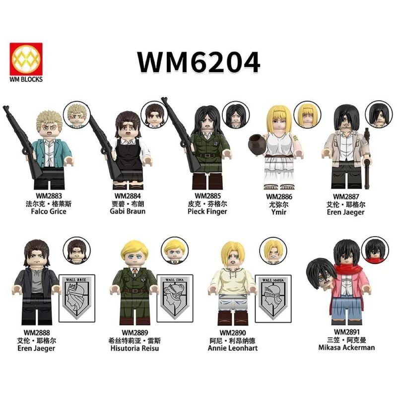 Figure Attack on Titan WM6204, bộ đồ chơi Attack on Titan, đồ chơi mô hình Attack on Titan, minifigure Attack on Titan, Eren Jaeger, Mikasa Ackerman, Armin Arlert, Historia Reiss, Annie Leonhart, Ymir, Gabi Braun, Falco Grice, Pieck Finger, 8 nhân vật Attack on Titan, giá tốt