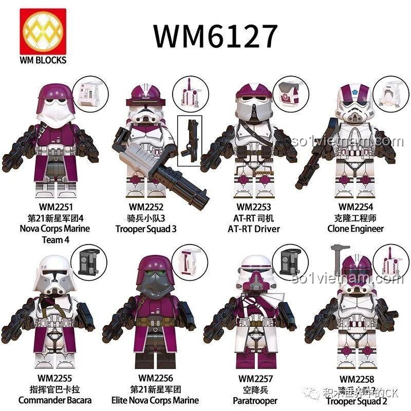 Tổng quan bộ đồ chơi WM6127 Quân đoàn Nova Corps thứ 21 với 8 minifigures Star Wars độc đáo, màu đỏ rượu vang nổi bật.
