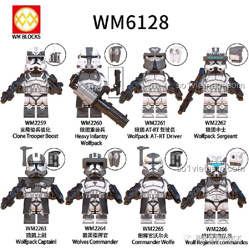 Hình ảnh tổng quan bộ 8 Minifigures Lính Clone Wolfpack WM6128 của WM Blocks, hiển thị các nhân vật và mã số sản phẩm.