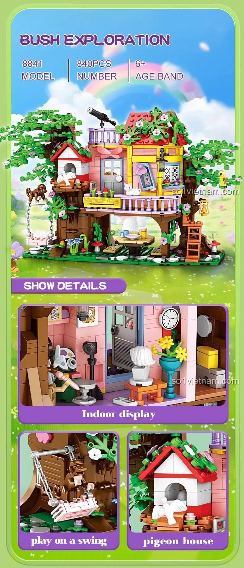 Chi tiết bên trong bộ lắp ghép WOMA 8841 Ngôi nhà trên cây Bush Exploration, mô tả ngôi nhà cây cổ tích, có thể chơi trên xích đu, có nhà chim bồ câu riêng biệt, chất liệu nhựa ABS cao cấp, giá tốt