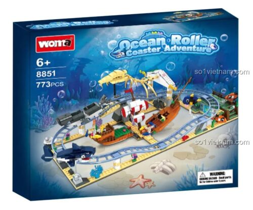 Hình ảnh hộp sản phẩm bộ lắp ghép Woma 8851, thể hiện rõ tên Ocean Roller Coaster Adventure và số lượng 773 chi tiết.