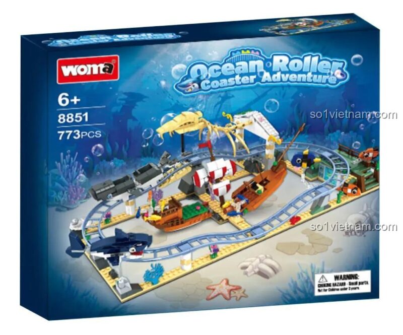 Hình ảnh hộp sản phẩm bộ lắp ghép Woma 8851, thể hiện rõ tên Ocean Roller Coaster Adventure và số lượng 773 chi tiết.