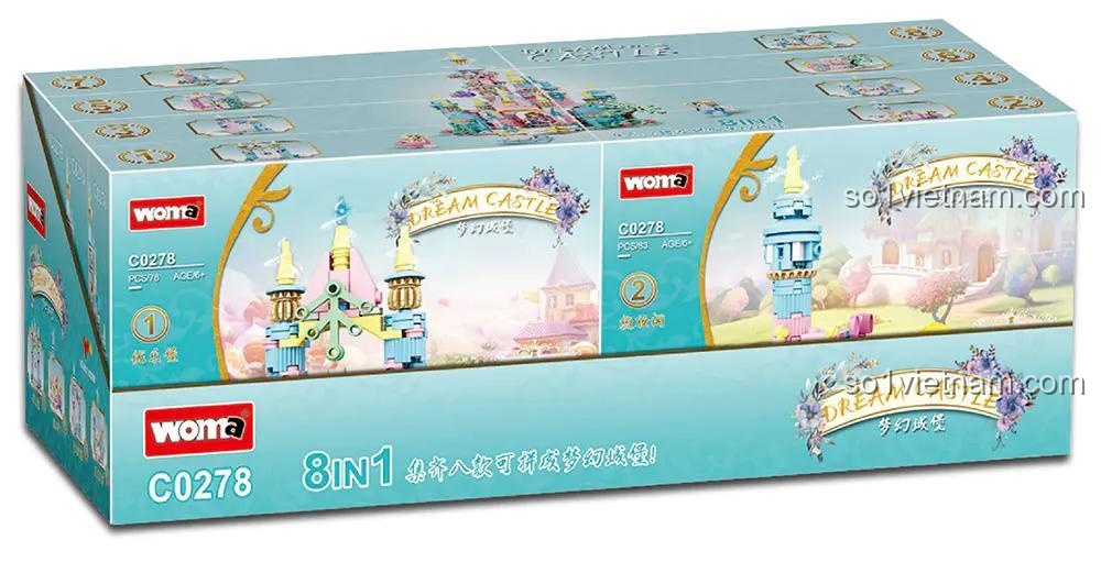 Hộp sản phẩm bộ đồ chơi Lâu đài mộng mơ Woma C0278, đồ chơi lắp ráp 8 trong 1 cho bé gái