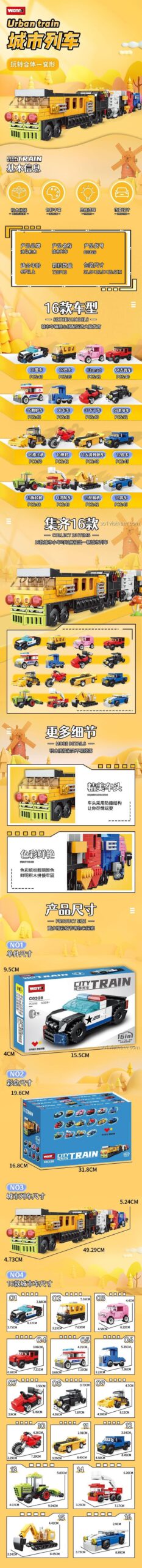 Chi tiết 16 mẫu xe nhỏ và kích thước của bộ lắp ráp WOMA C0328, một bộ sưu tập 16 phương tiện độc đáo.
