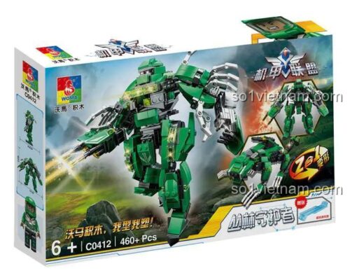 Hộp sản phẩm WOMA C0412 Liên Minh Cơ Giáp Người Bảo Vệ Rừng Rậm, bộ lắp ghép robot biến hình 460 mảnh, đồ chơi xây dựng cho bé trai 6 tuổi
