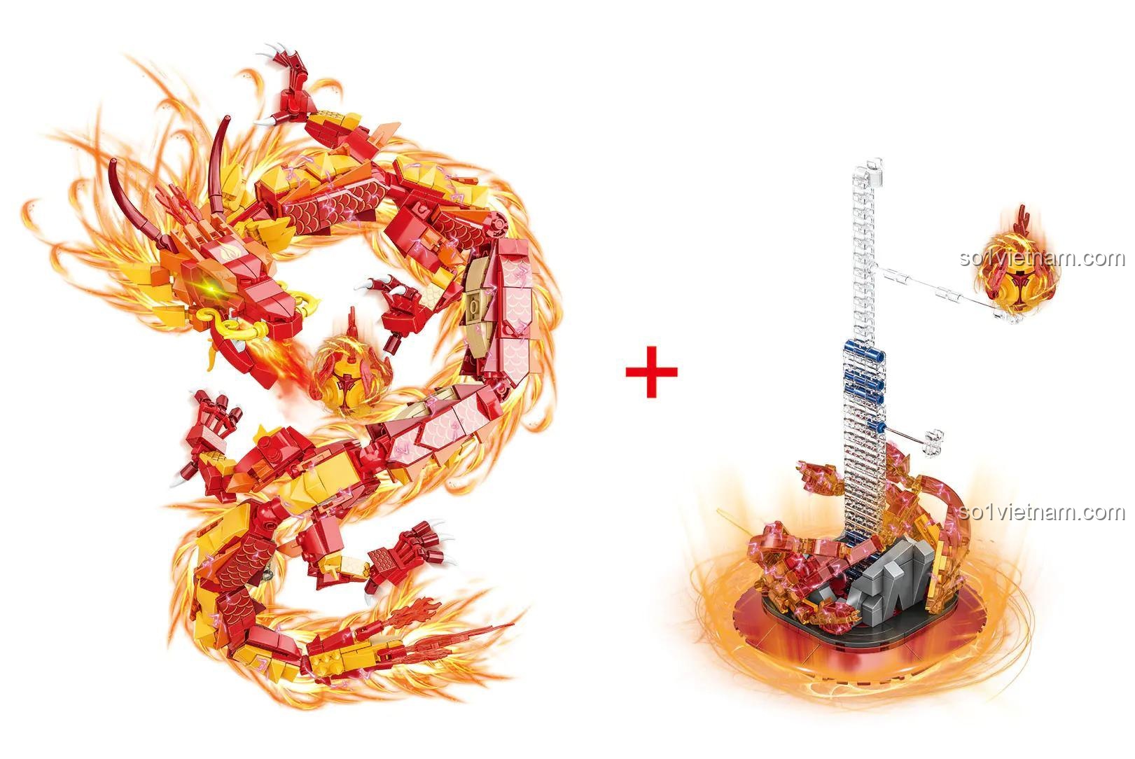 Các bộ phận của bộ lắp ghép Rồng Lửa Thần Thoại WOMA C0697, gồm 858 chi tiết chất lượng cao.