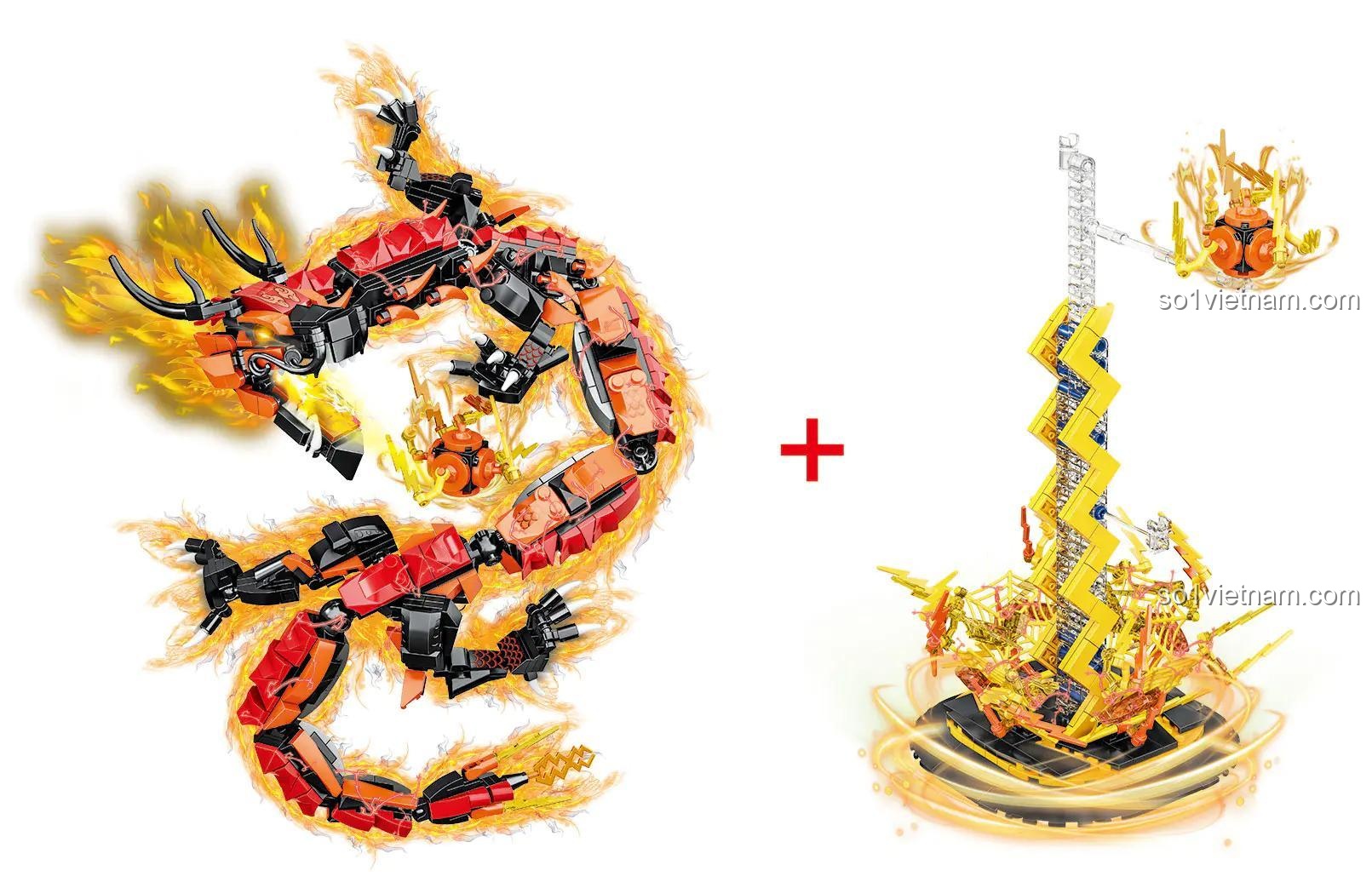 Chi tiết các bộ phận của đồ chơi mô hình Hắc Long C0698 và đế trưng bày hiệu ứng lửa xoáy độc đáo, giá rẻ.
