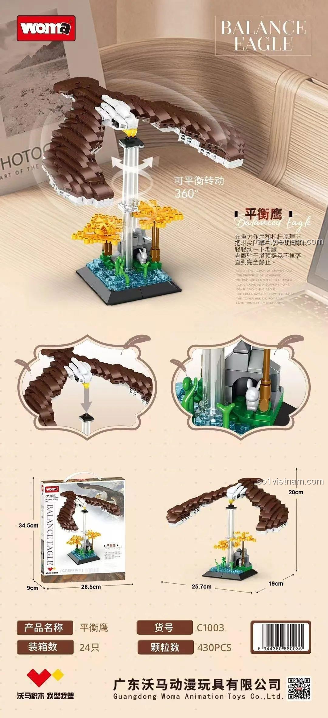 Chi tiết thông số kỹ thuật bộ đồ chơi WOMA C1003 Đại Bàng Cân Bằng, 430 mảnh ghép, xoay 360 độ, phát triển tư duy cho bé trai 6 tuổi.