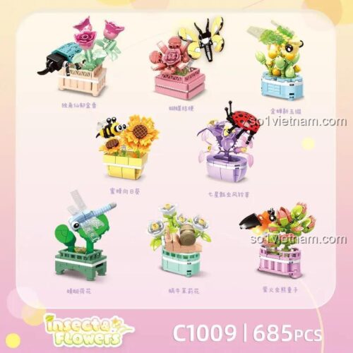 Toàn bộ 8 mẫu lắp ghép từ bộ đồ chơi mô hình WOMA C1009, bao gồm ong, bướm, bọ rùa và các loài hoa.