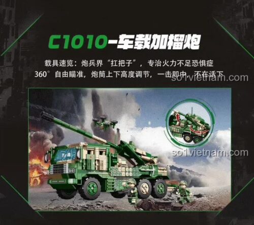 Xe Tăng Pháo Tự Hành Lắp Ghép Quân Sự WOMA C1010 751 Chi Tiết - Mô hình xe quân sự màu xanh lá, có pháo lớn, tặng kèm drone và 2 lính minifigure, độ tuổi 6+
