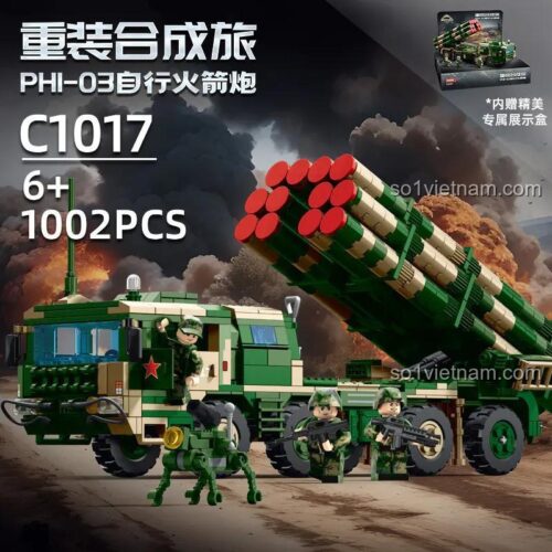 Hộp sản phẩm Xe Tự Hành Pháo Phản Lực PHI-03 WOMA C1017, bộ đồ chơi quân sự 1002 mảnh ghép, phù hợp cho bé trai 6 tuổi, mô hình chi tiết cao, có minifigures đi kèm, giá tốt