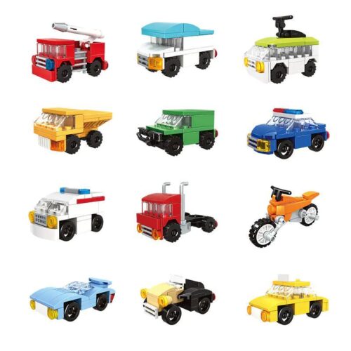 Ảnh chụp trọn bộ 12 xe thành phố của bộ lắp ráp Woma C1018, đồ chơi mô hình Woma giá rẻ cho bé trai 6 tuổi.
