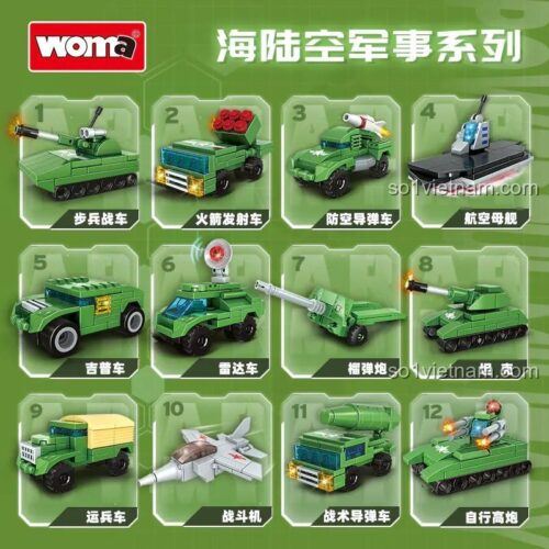 Chi tiết 12 mẫu xe trong bộ đồ chơi mô hình WOMA C1020, bao gồm xe tăng, máy bay, tàu sân bay, xe jeep và pháo tự hành.