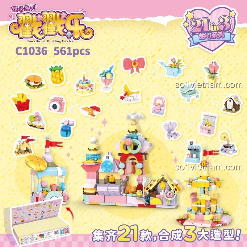 Mô hình lâu đài lớn được lắp ráp từ bộ WOMA C1036 Sweetheart Building Blocks, kích thước 14.5x6.2x12.5cm