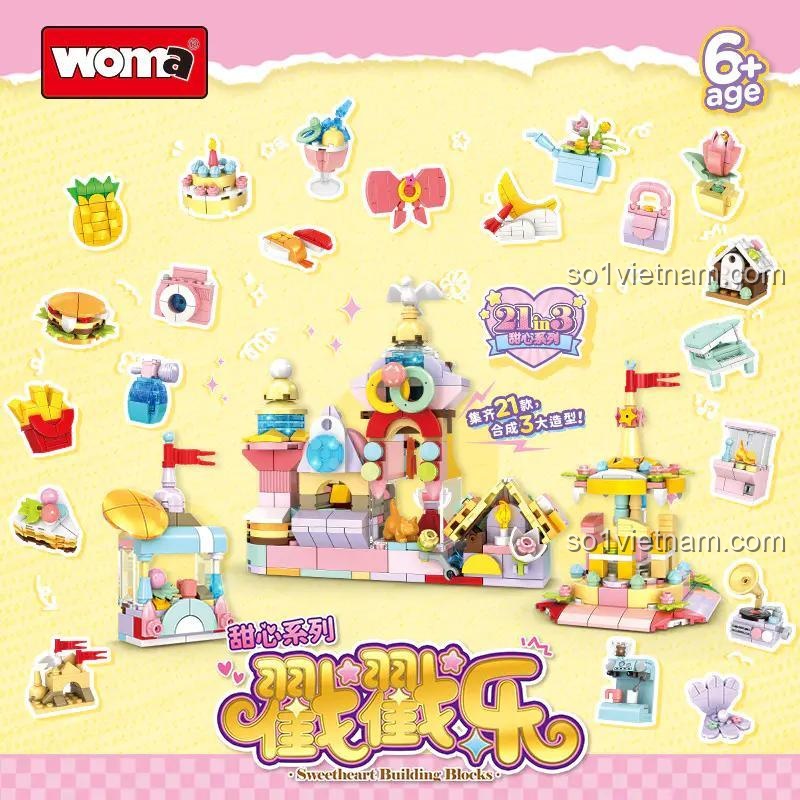 Các mô hình nhỏ khác trong bộ WOMA C1036 Sweetheart Building Blocks bao gồm nơ, đàn piano, máy bán hàng tự động, nhà, máy phát nhạc, khoai tây chiên, bánh mì kẹp