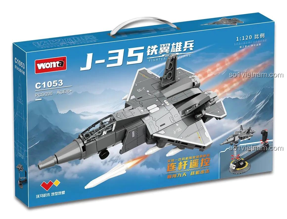 Mô hình máy bay chiến đấu J-35 WOMA C1053 trên giá đỡ trưng bày động, đồ chơi lắp ráp cho bé trai 6 tuổi giá rẻ