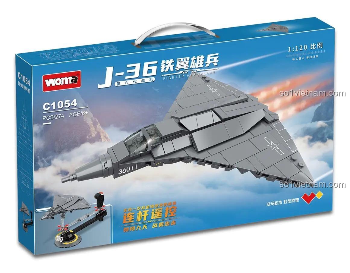 Bộ lắp ghép máy bay chiến đấu J-36 WOMA C1054 với cơ chế điều khiển cơ học độc đáo, dành cho bé trai 6 tuổi yêu thích quân sự.