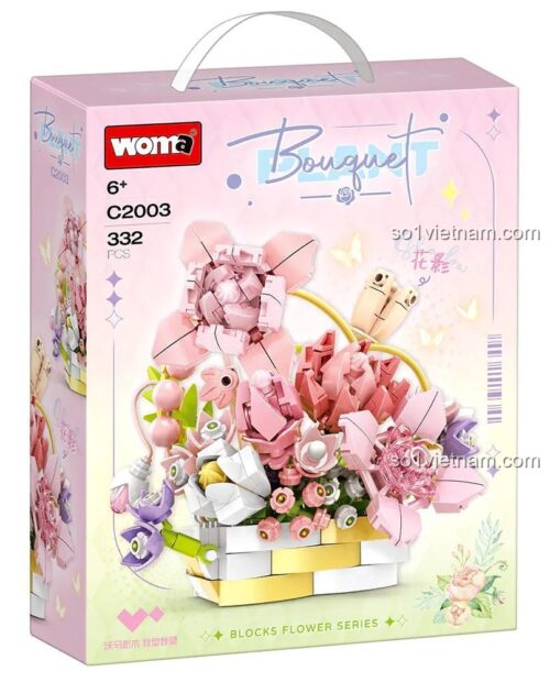 Hộp sản phẩm WOMA C2003 Bộ lắp ghép Bó hoa "Huyệt Ảnh" - Mô hình hoa trang trí nghệ thuật, 332 mảnh, phù hợp cho bé gái 6 tuổi, màu hồng, tím, vàng, trắng, xanh lá