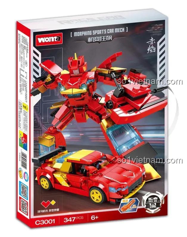 Hộp sản phẩm Robot Biến Hình Xe Đua Siêu Tốc Cháy Đỏ WOMA C3001, đồ chơi lắp ráp cho bé trai 6 tuổi, 347 mảnh ghép, biến hình 2 trong 1, giá tốt